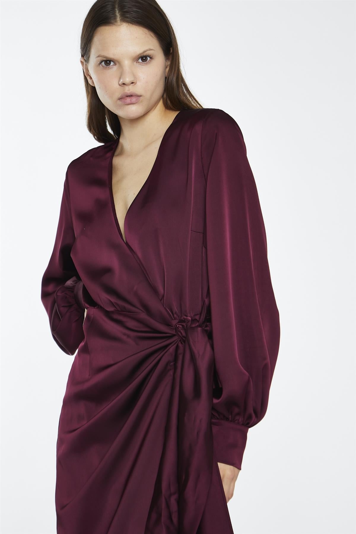 Deep Burgundy Sateen Long-Sleeve Wrap Midi-Dress