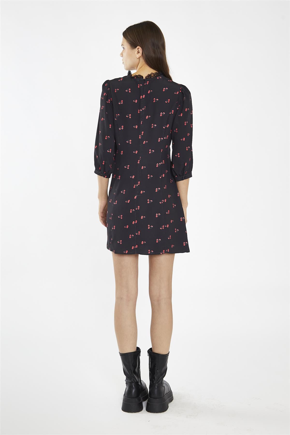 Black-Red Cherry Fruit High Neck Mini-Dress