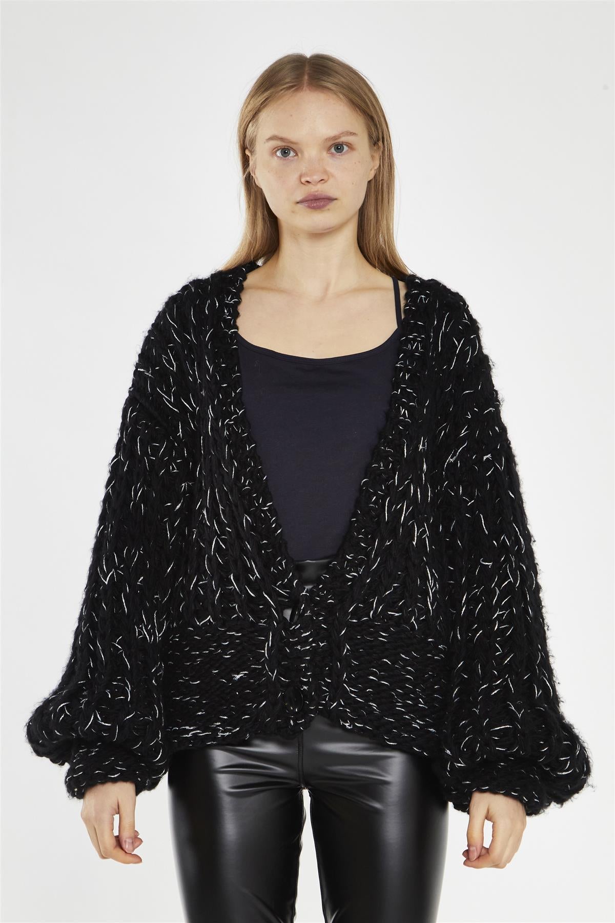 Black Silver-Fleck Cable-Knit -Cardigan