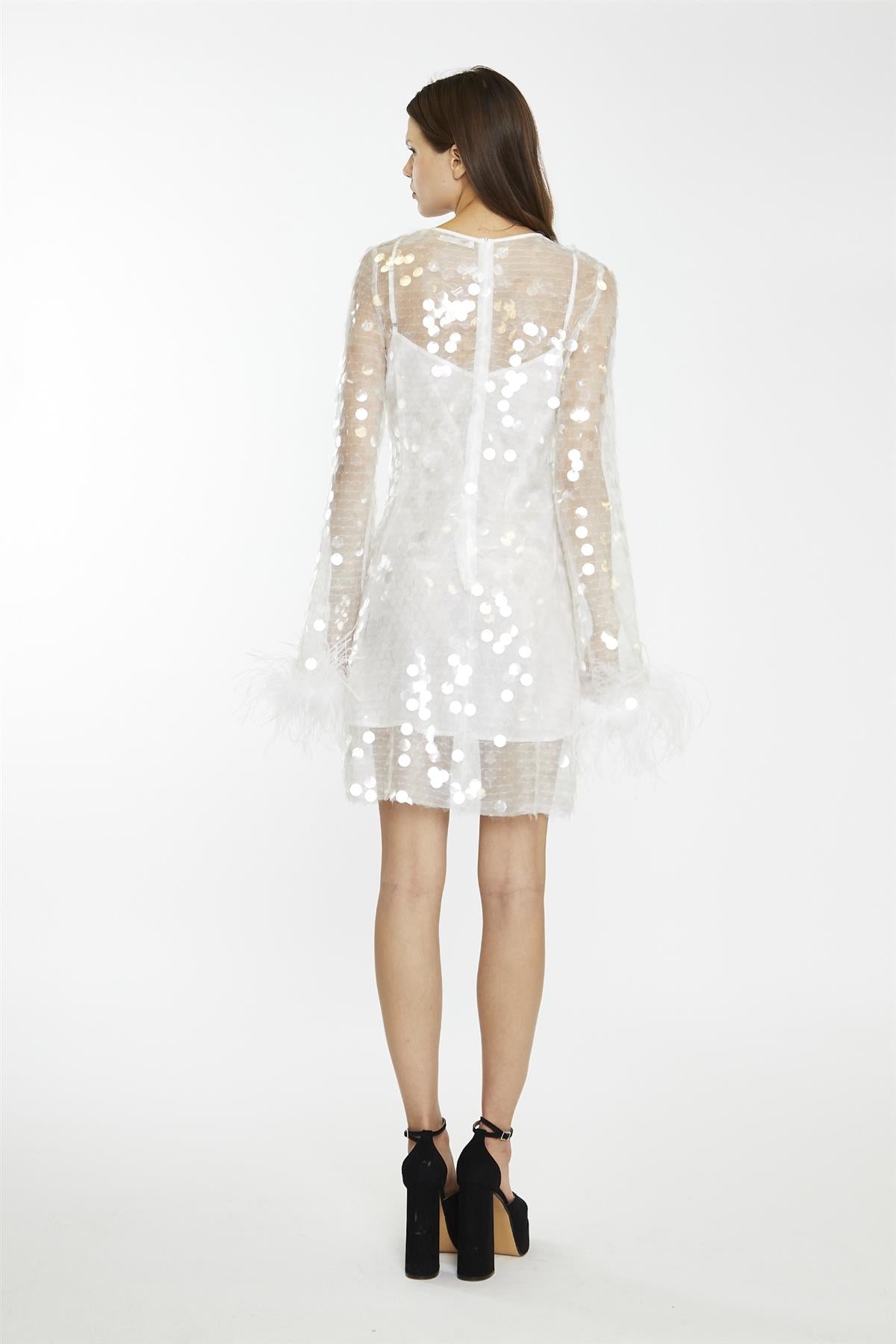 Clear-White Large-Sequin Feather Cuff Mini-Dress