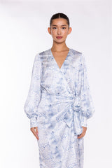 White-Blue Animal Wrap Midi-Dress