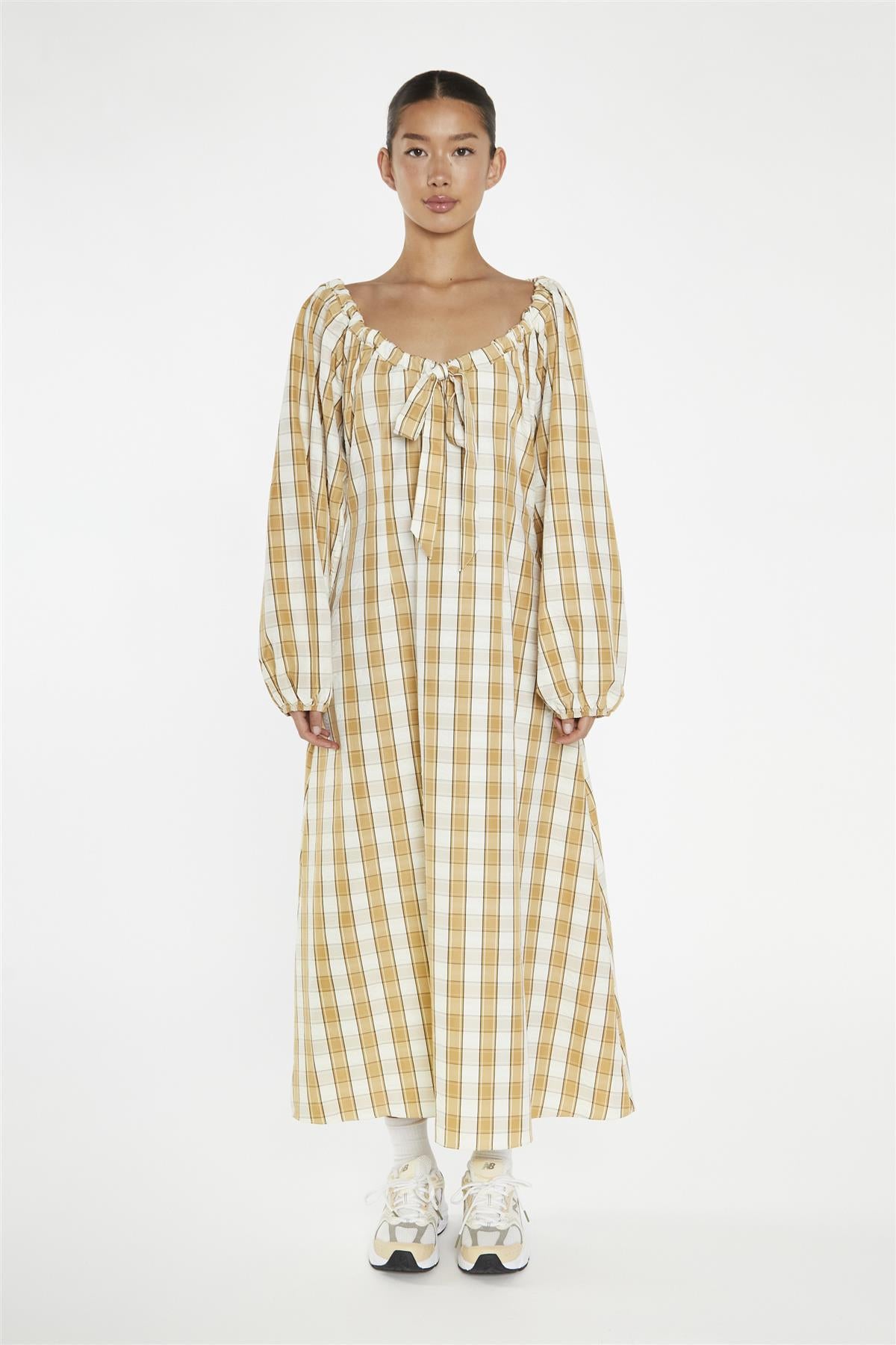 Beige-Cream Check Gathered Tie-Neck Midi-Dress