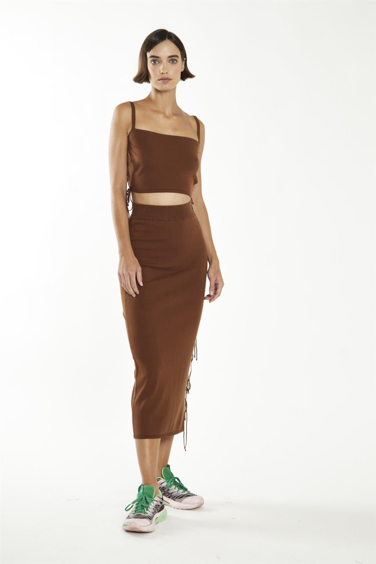 Mahogany-Brown Side Tie Knitted Crop-Top