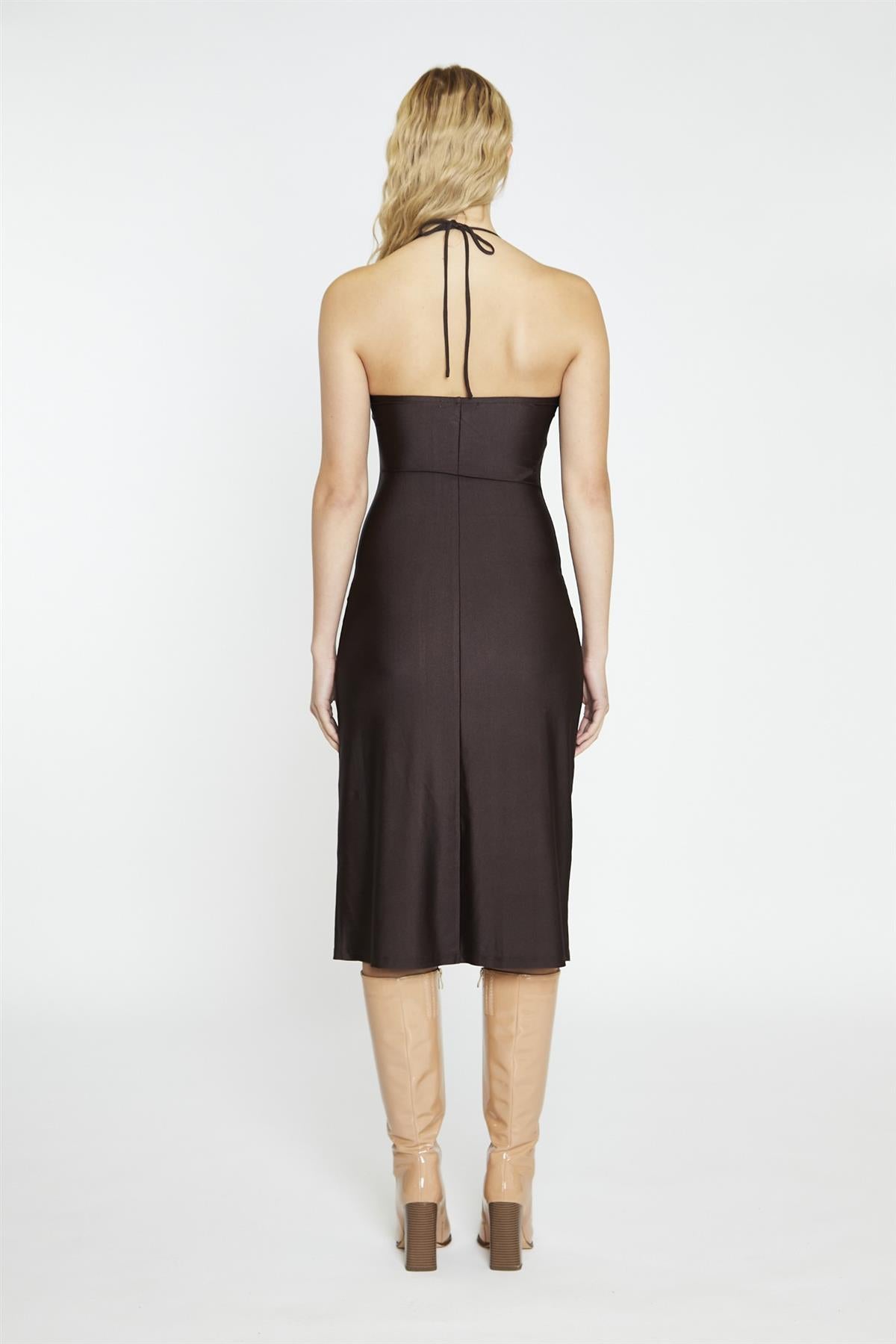 Dark Brown Square Halterneck Midi-Dress