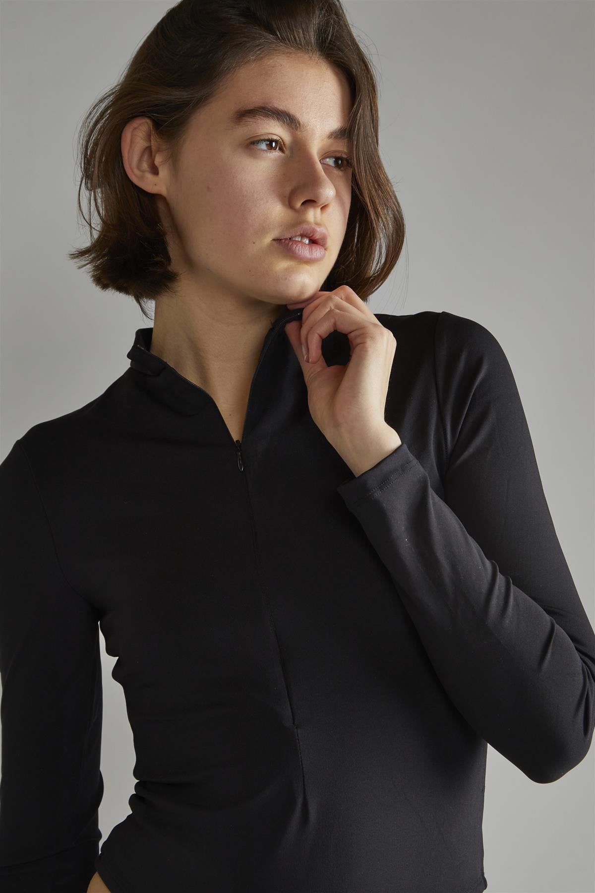 Black Long-Sleeve Zip-Up Bodysuit