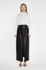 Black PU Centre-Split Midi-Skirt