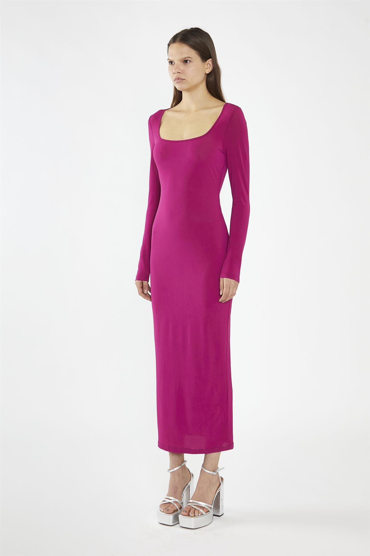 Fuchsia Square-Neck Bodycon Maxi-Dress