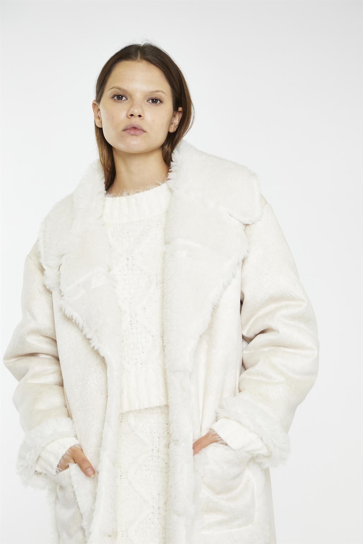 Cream Shearling Oversized-Collar Jacket