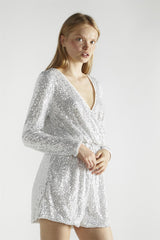 Silver-Sequin-Sequin Wrap-Front Long Sleeve Playsuit