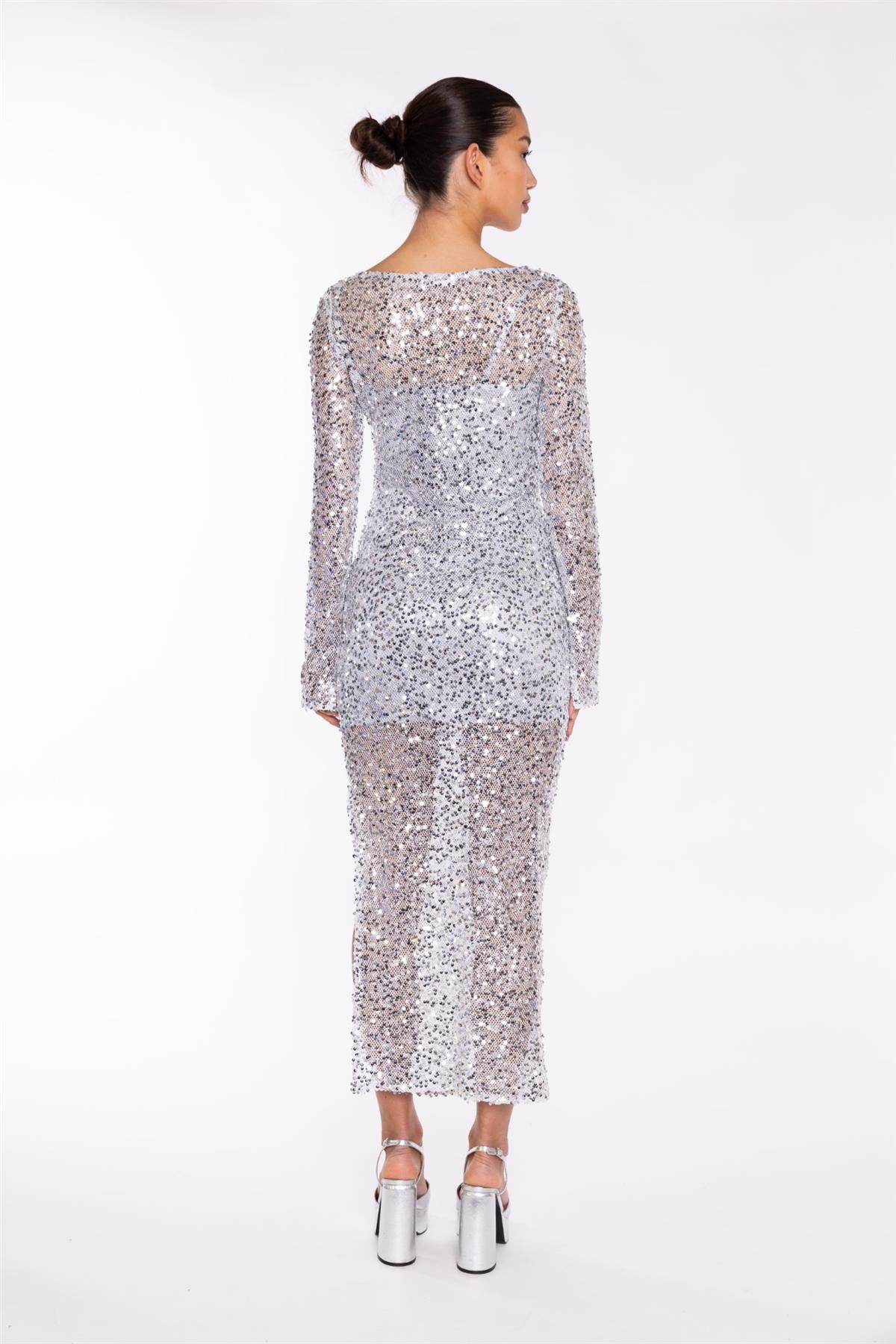 Silver Sequin-Mesh V-neck Maxi-Dress