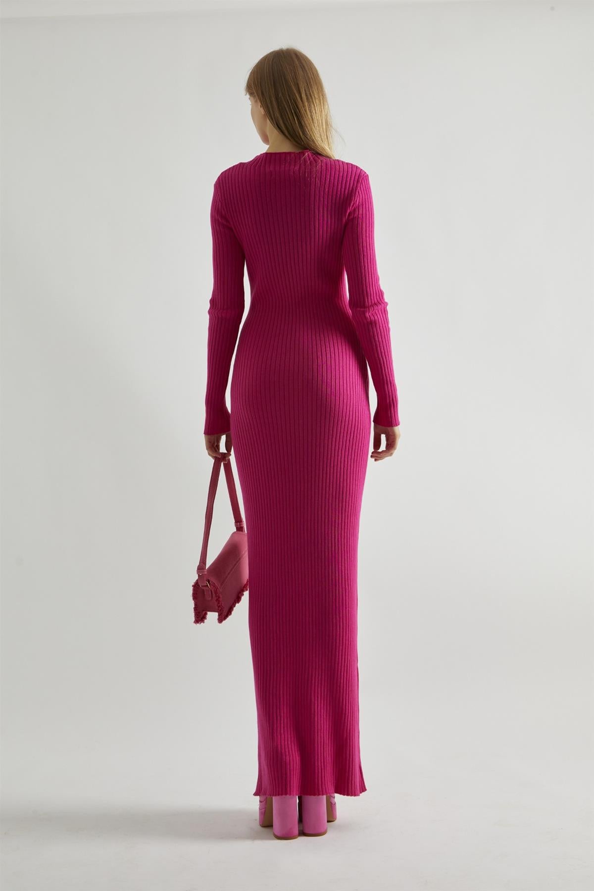 Pink High-Neck Rib-Knit Midaxi-dress