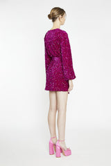 Cerise Velvet-Sequin Tie-Waist Wrap Mini-Dress