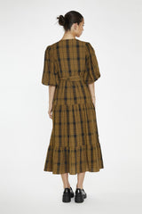 Olive-Check Wrap Midi-Dress