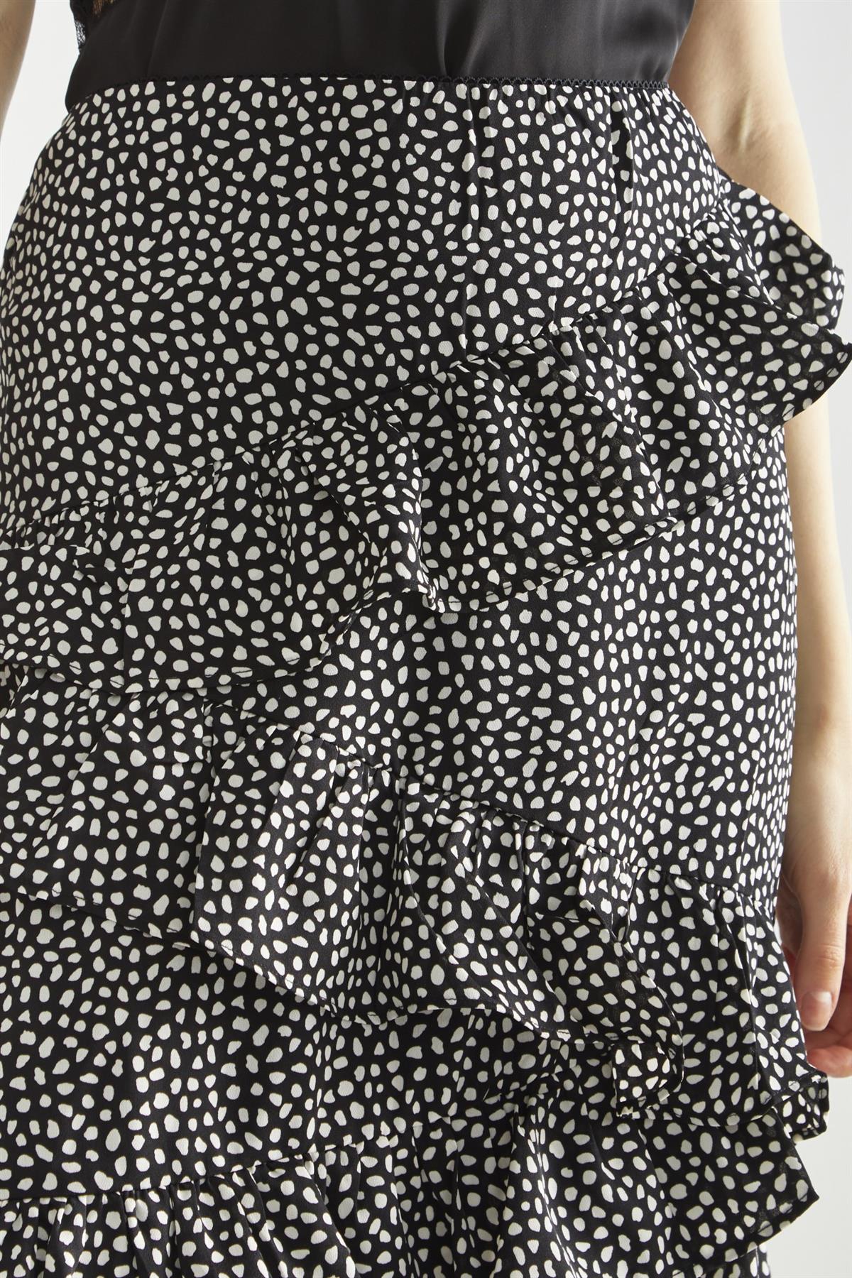 Black-Animal Spot Asymmetric Ruffle Midi-Skirt