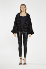 Black Silver-Fleck Cable-Knit -Cardigan