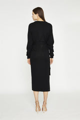 Black Tie-Waist Knitted Midi-Dress