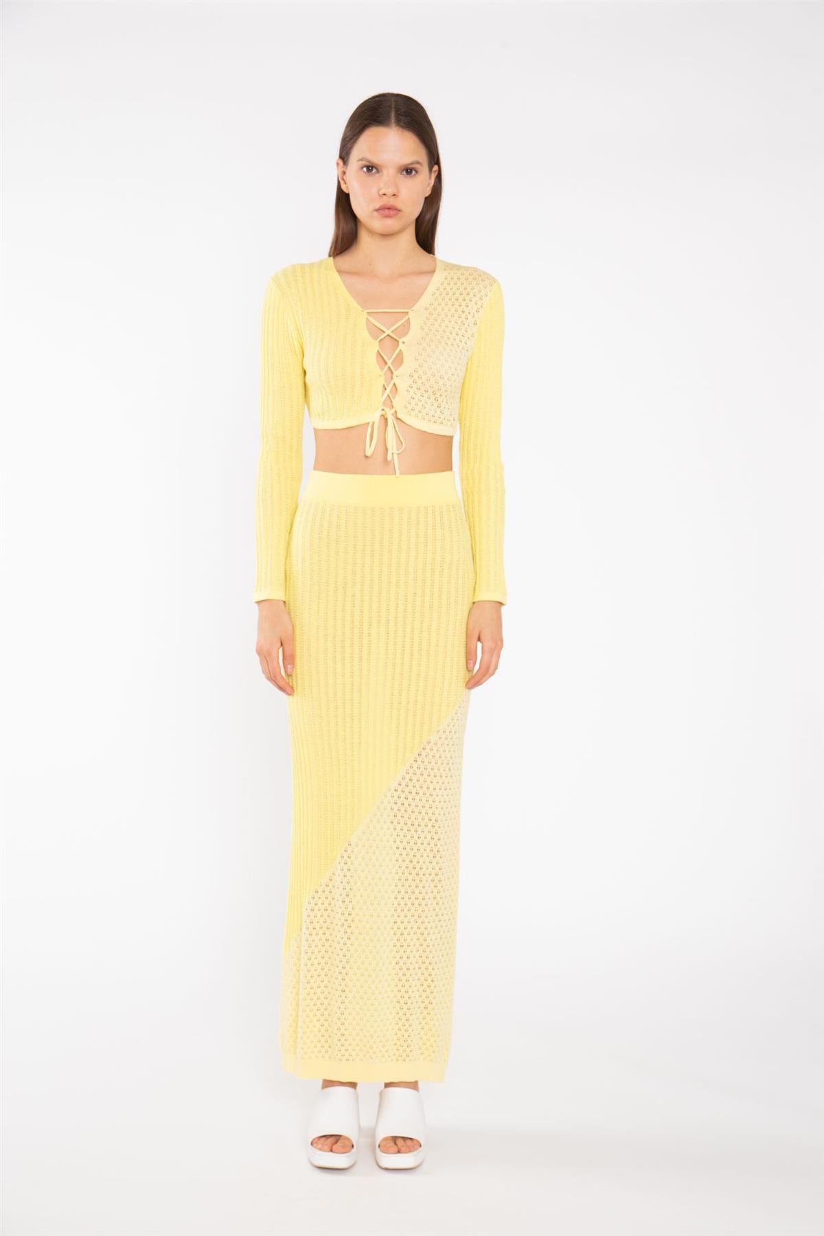 Lemon-Yellow Mix Knit Lace-Up Front Crop-Top