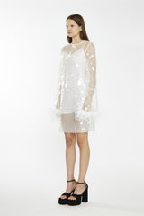 Clear-White Large-Sequin Feather Cuff Mini-Dress