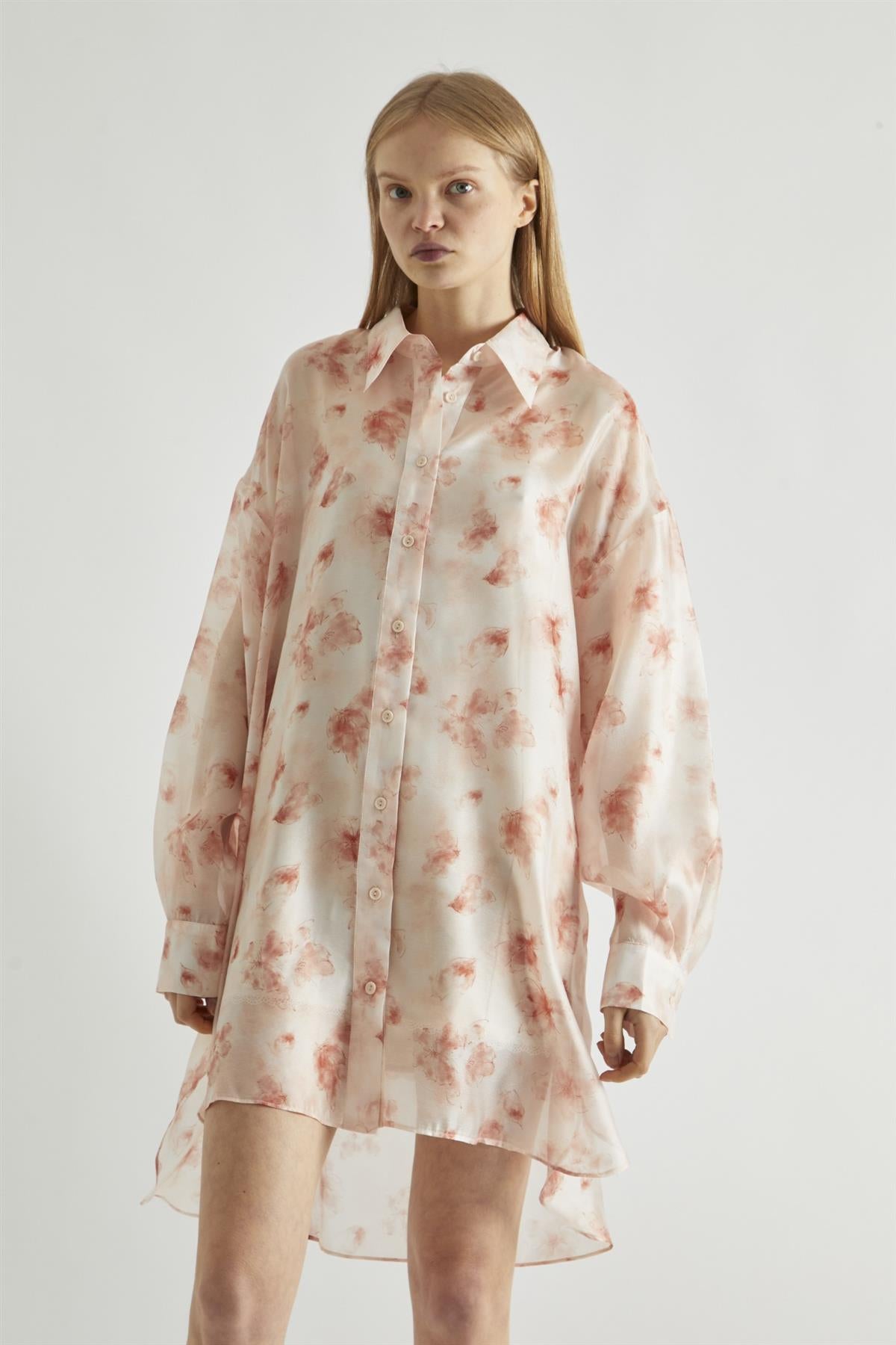 Dusty Peach Floral Hi-Low Shirt-Dress