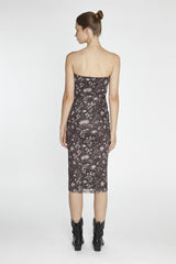 Brown-Floral Mesh Bandeau Midi-Dress