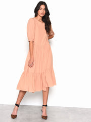 Peach Long Sleeve Puff Midi Dress