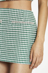 Green-White Houndstooth Diamante Trim Mini-Skirt