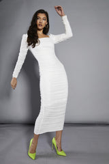 White-Mesh Gathered Maxi-Dress