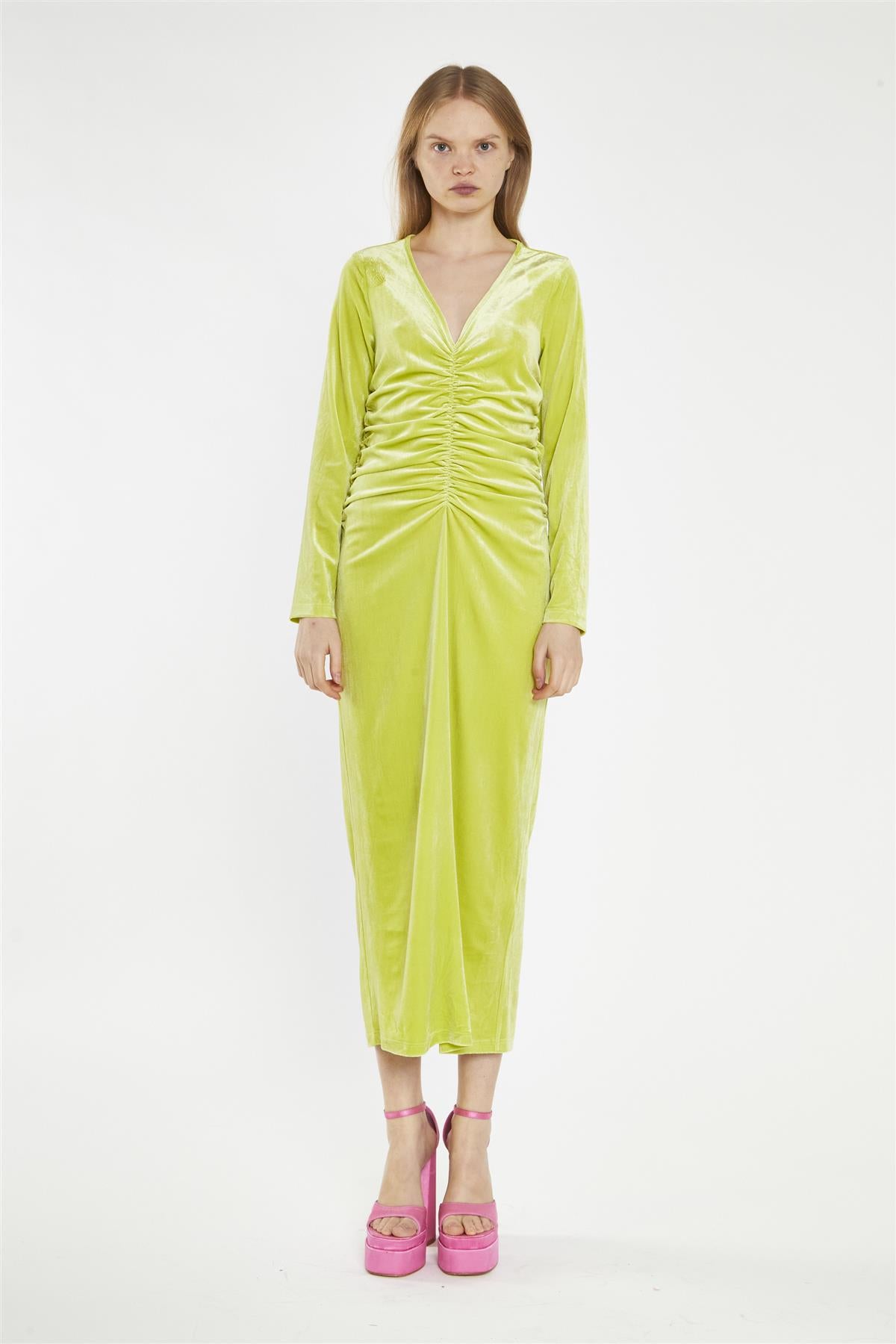 Lime-Green Velvet Ruched-Front Midi-Dress