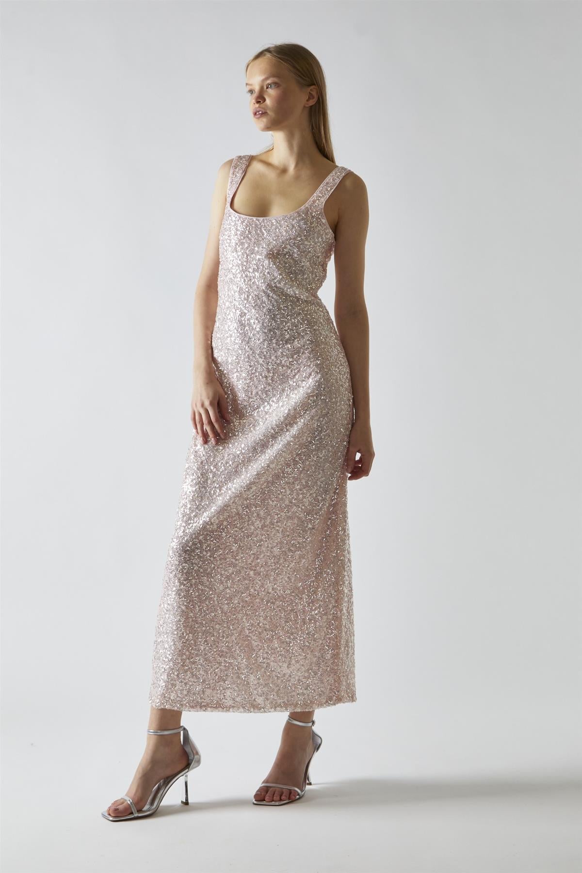 Pink-Silver Sequin Square-Neck Bias-Cut Midaxi-Dress