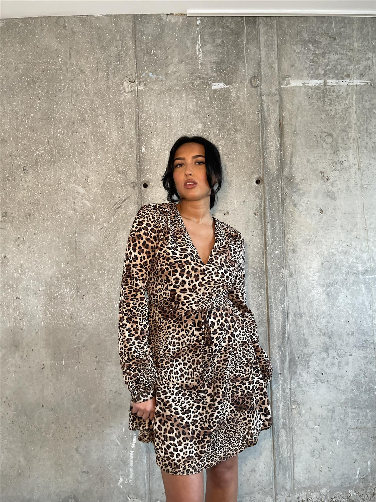 Brown - Natural Leopard Tie-Wrap Midi-Dress