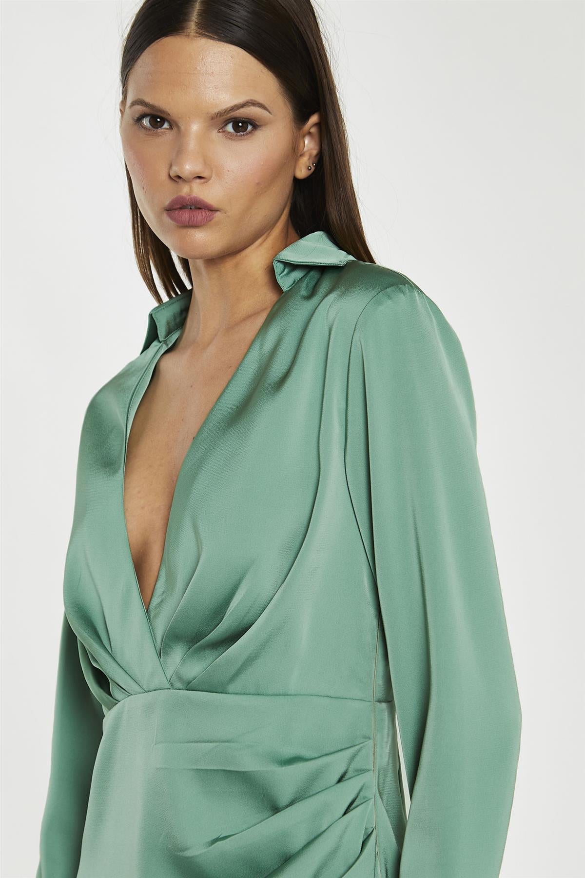 Spruce-Green Satin Collared Wrap Mini-Dress