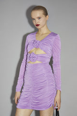 Lilac-Orchid Rose-Applique Ruched Mini-Dress