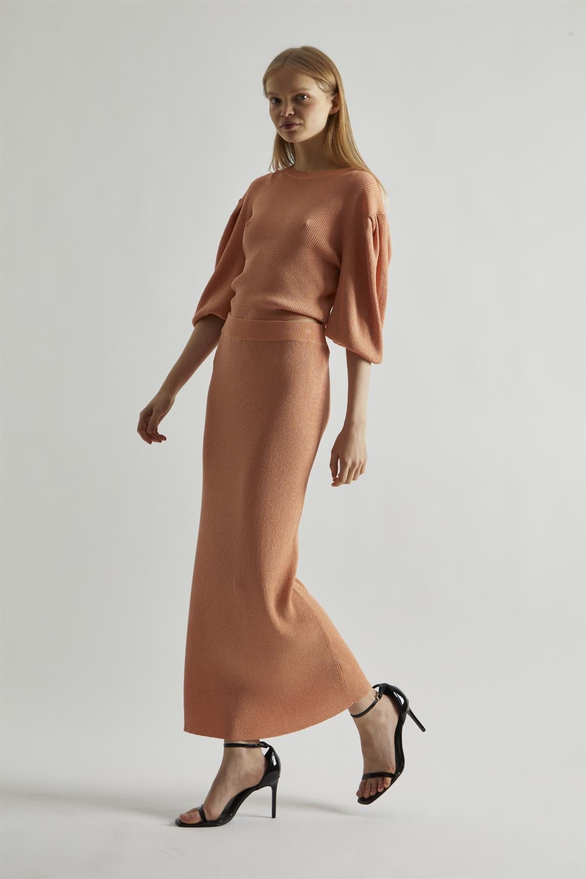 Dusty-Peach Glitter Knitted Bodycon Midaxi-Skirt