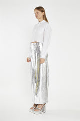 Silver PU Centre-Split Midi-Skirt