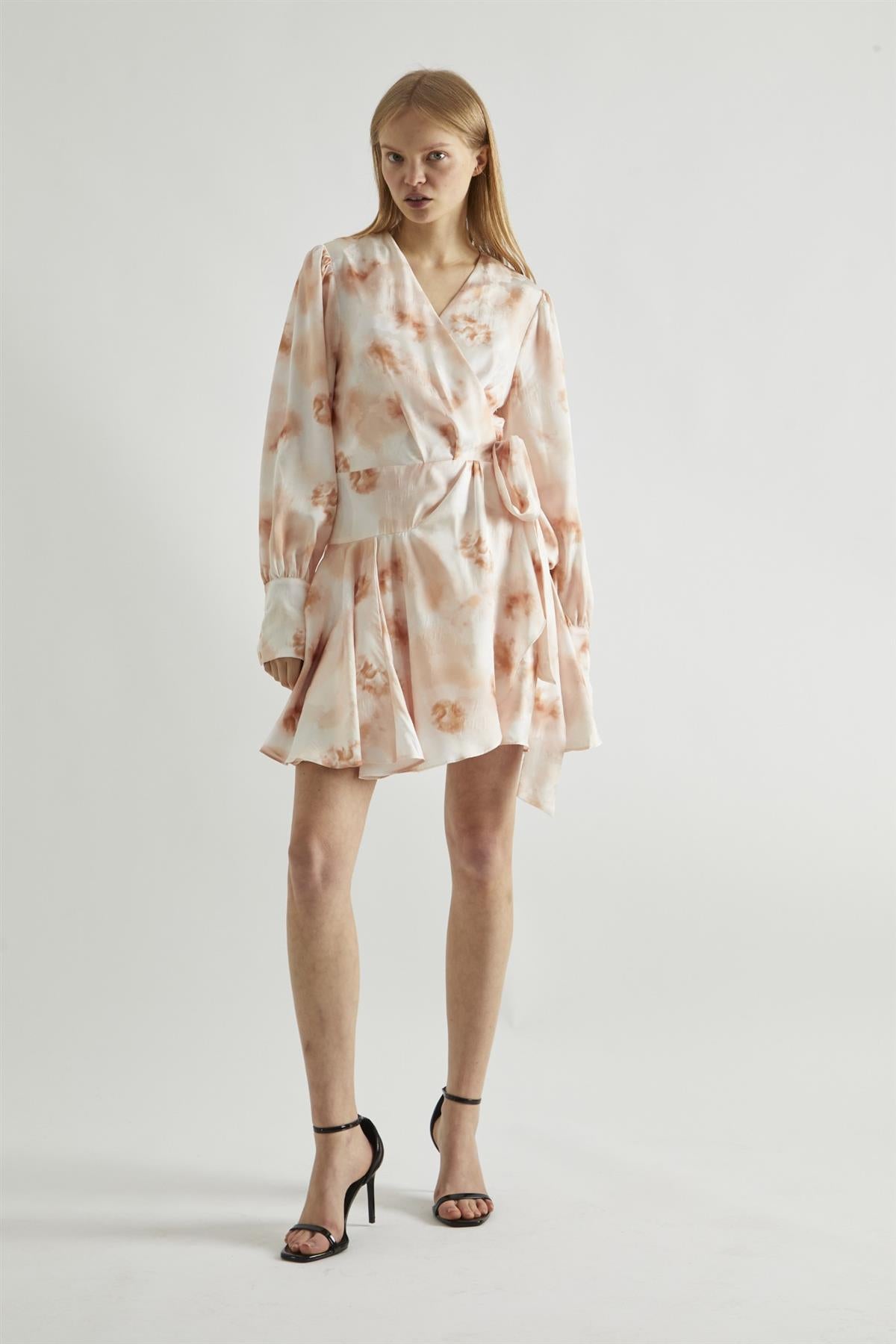 Peach-Watercolour Wrap Mini-dress