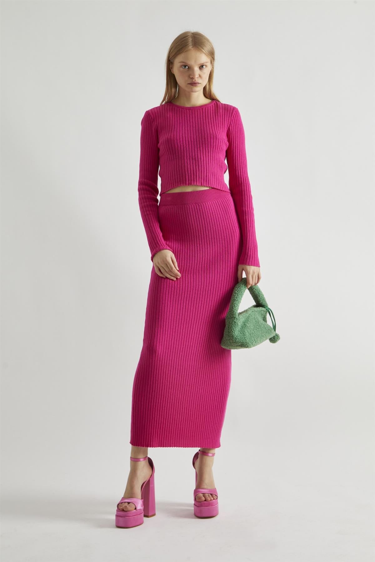 Pink Rib-Knit Midi-Skirt