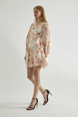 Peach-Watercolour Wrap Mini-dress