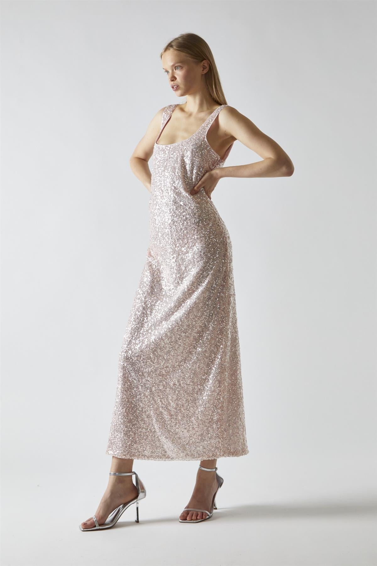 Pink-Silver Sequin Square-Neck Bias-Cut Midaxi-Dress