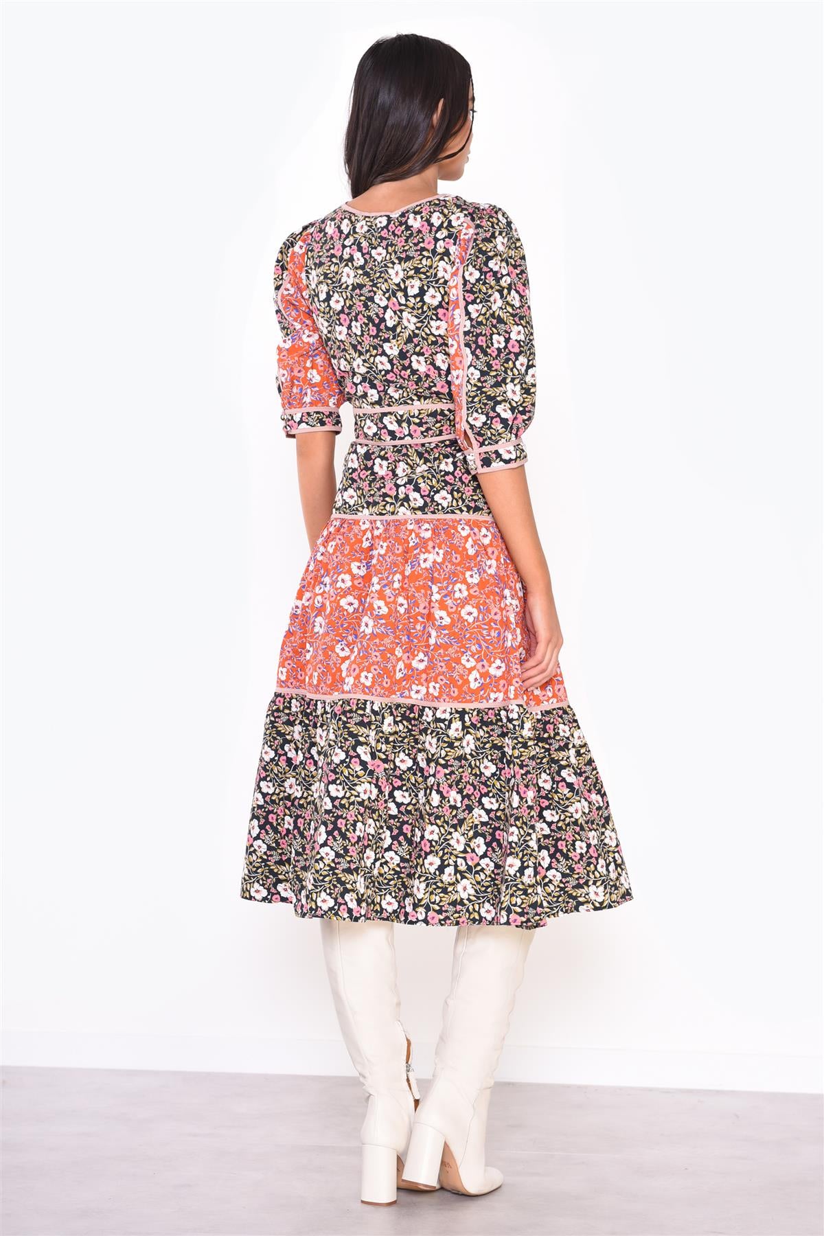 Mixed-Folk Poplin Square-Neck Midi-Dress