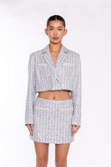 Silver-Tweed Double-Breasted Crop-Blazer