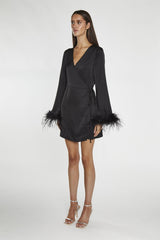 Black-Sateen Feather Trim Wrap Mini-Dress