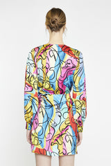 Multi-Abstract Scribble Wrap Mini-Dress