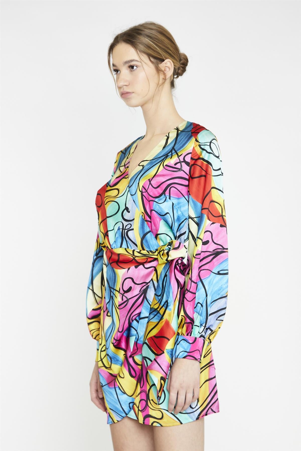 Multi-Abstract Scribble Wrap Mini-Dress