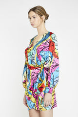 Multi-Abstract Scribble Wrap Mini-Dress