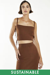 Mahogany-Brown Side Tie Knitted Crop-Top