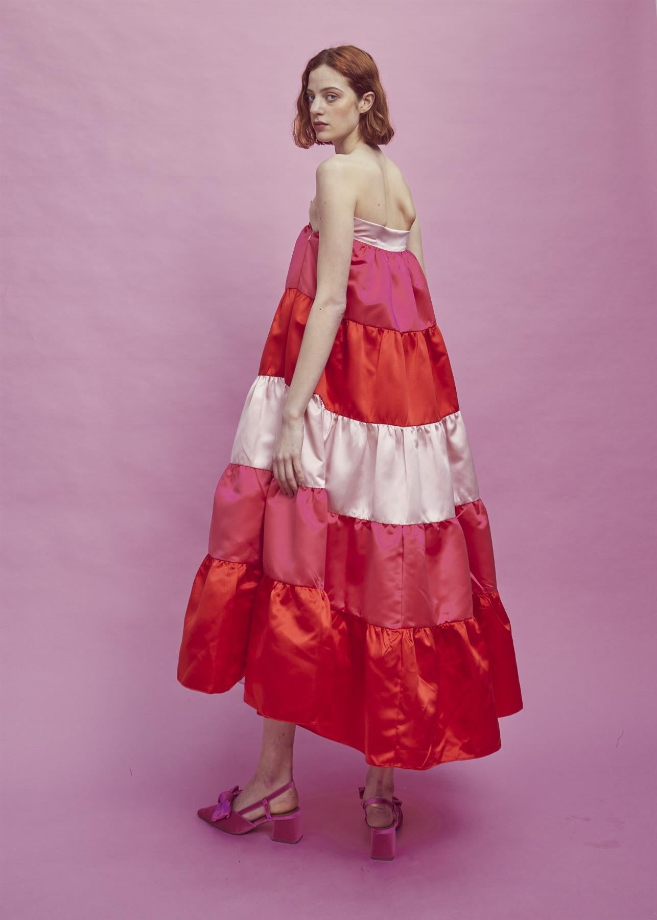 Nancy Gathered Tiered Midi Skirt -Pink-Red