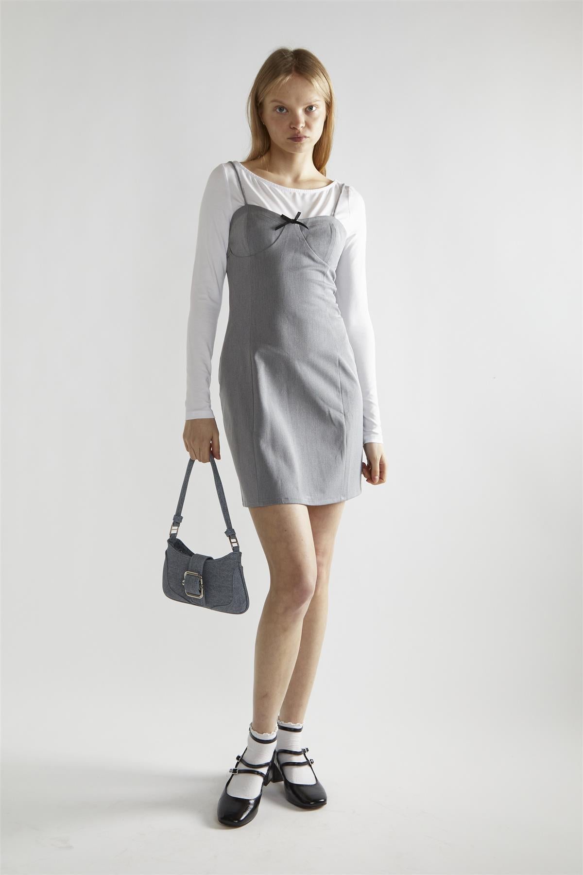 Grey Round-Neck A-Line Mini-Dress