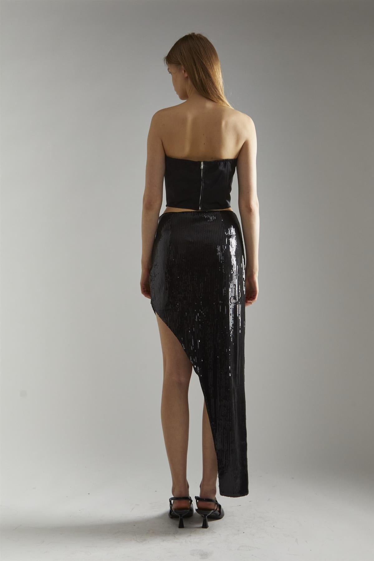 Black-Sequin Asymmetric Midaxi-Skirt