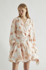 Peach-Watercolour Wrap Mini-dress