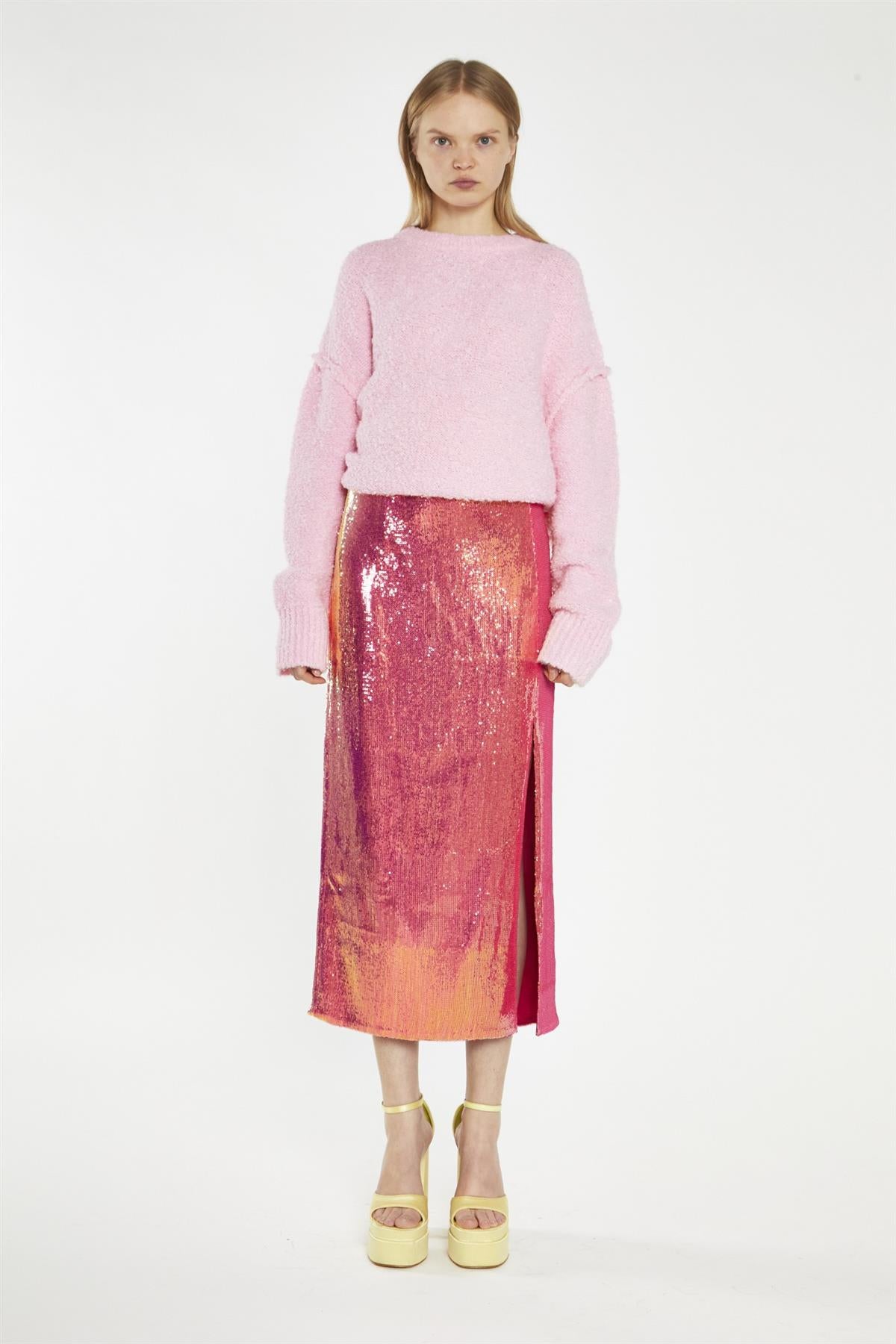 Pink-Gold Sequin Side-Split Midi-Skirt